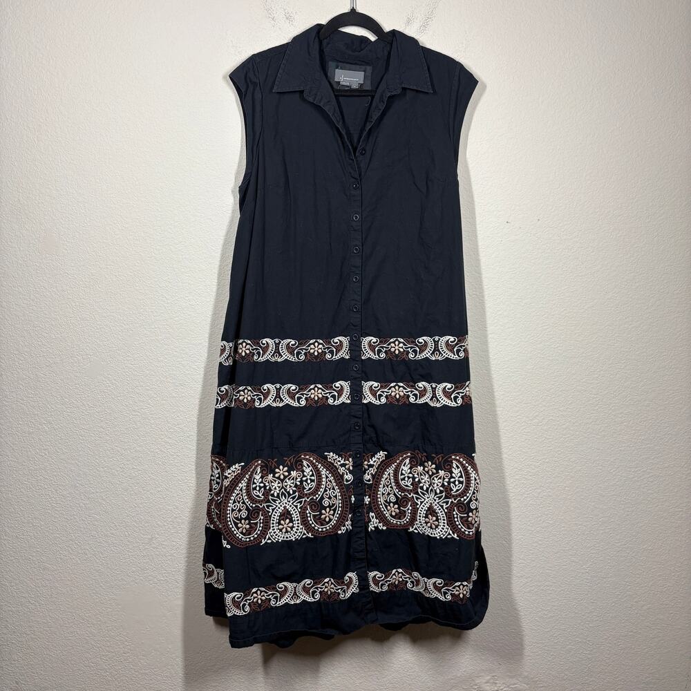 By Anthropologie Large Shirt Swing Midi Dress Black Cotton Embroidered Paisley - Picture 2 of 9